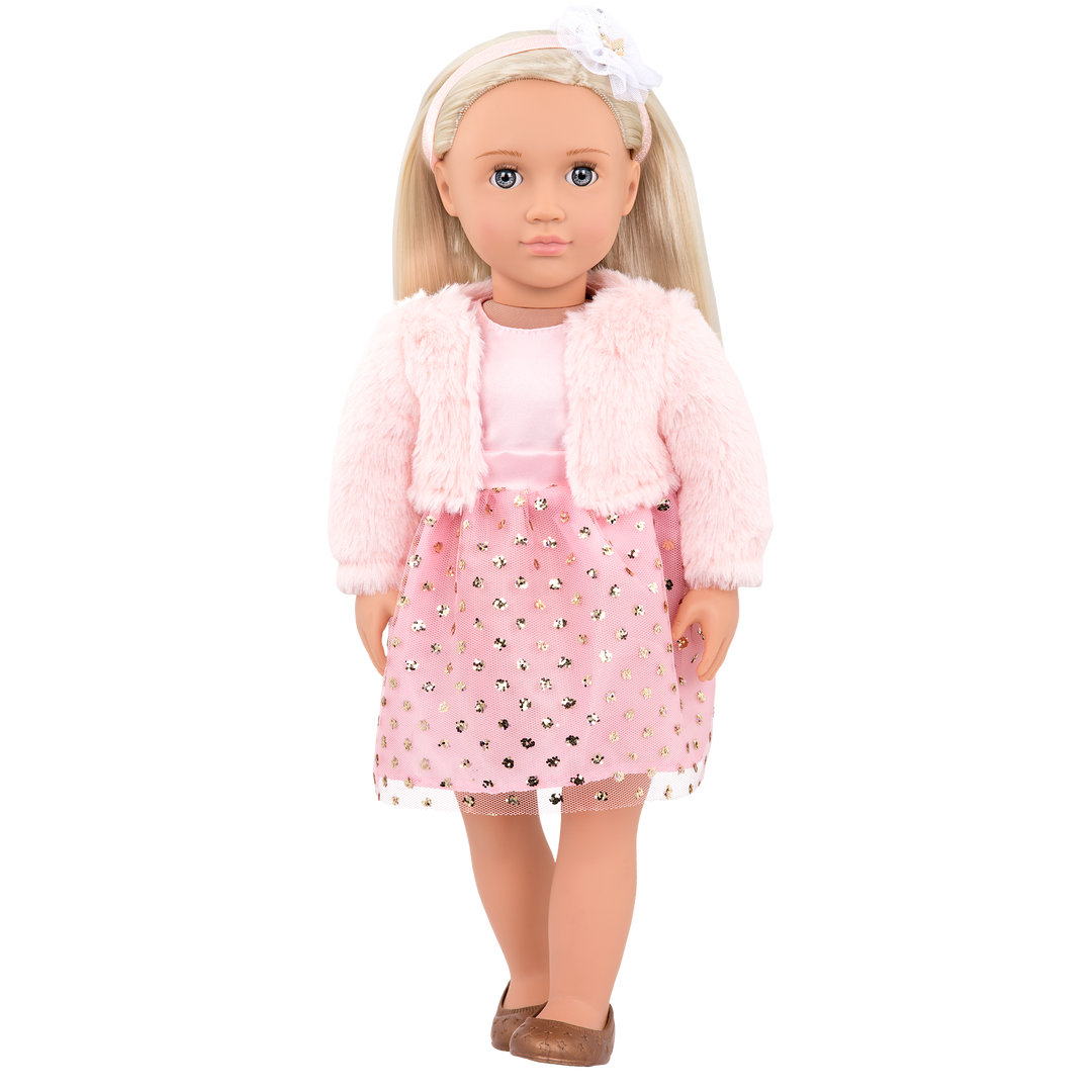 18-inch doll with blonde hair and gray-blue eyes