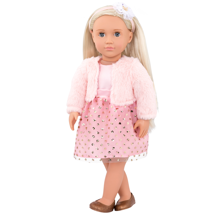 18-inch doll with blonde hair and gray-blue eyes