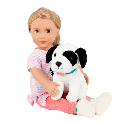 18-inch doll with blonde hair, green eyes and dog accessories walking border collie plushie