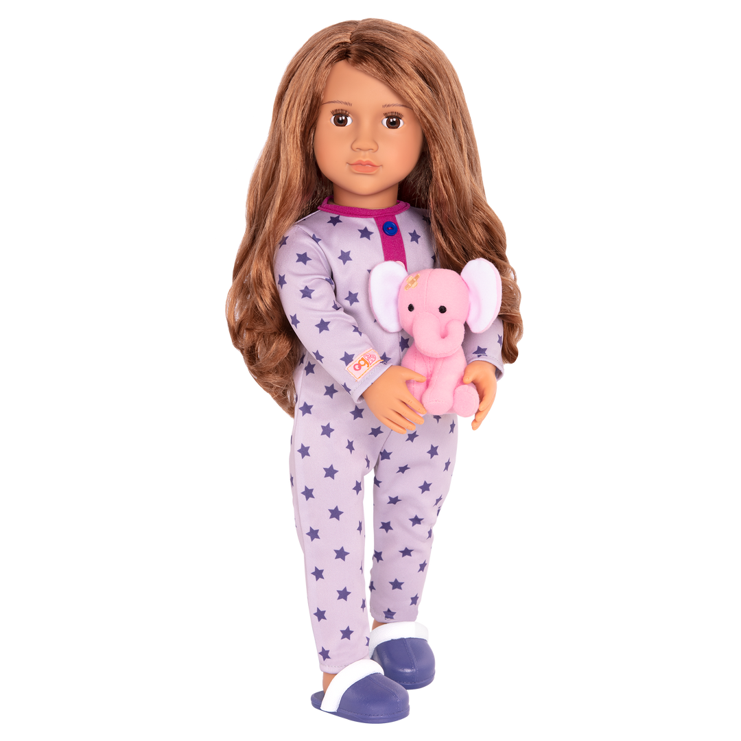 18-inch sleepover doll with light-brown hair and brown eyes holding elephant plushie