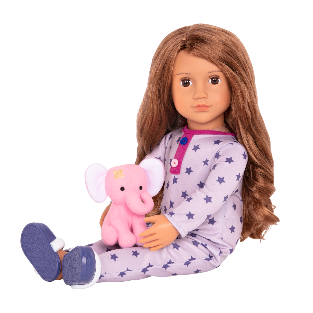 18-inch sleepover doll with light-brown hair and brown eyes holding elephant plushie