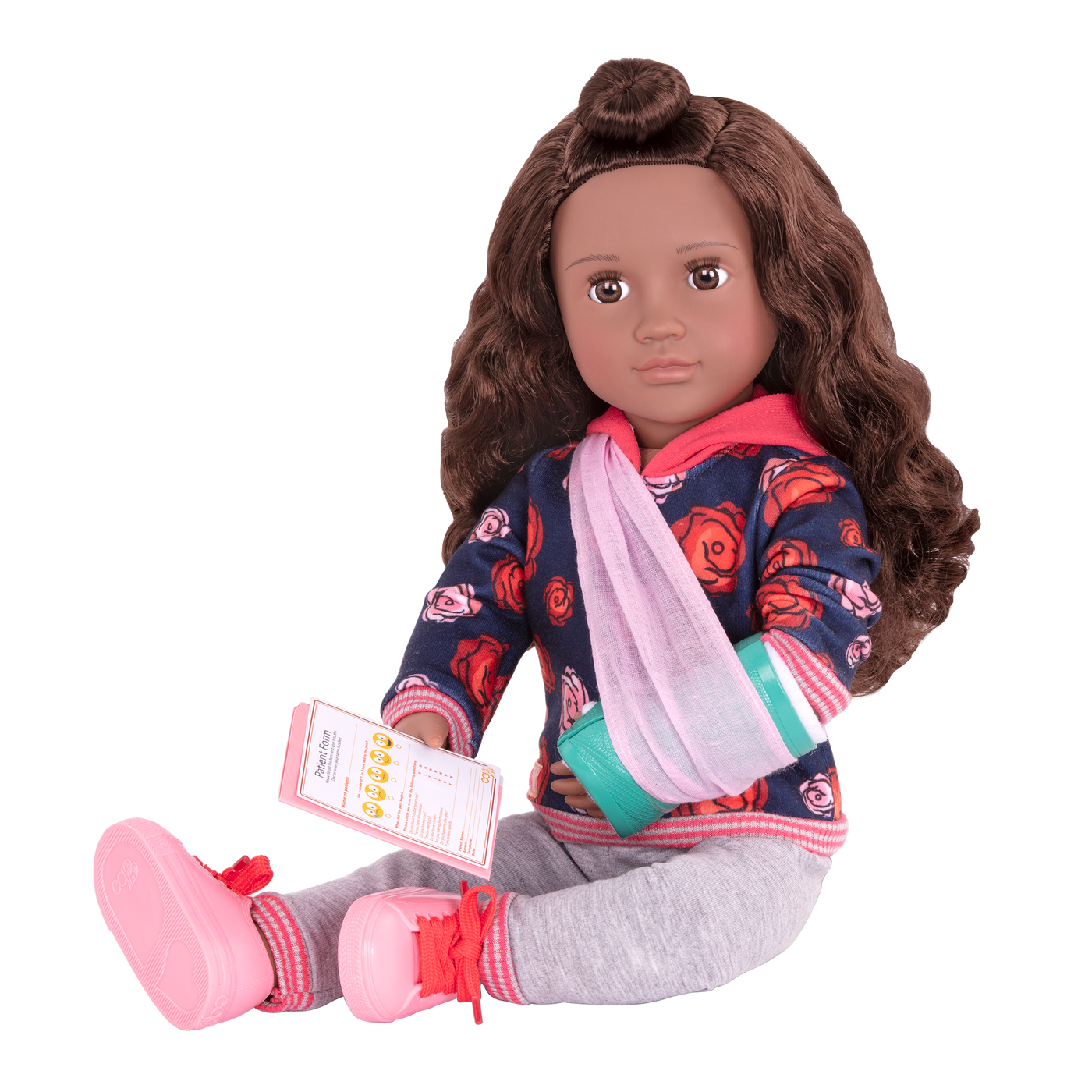 18-inch doll with brown hair, brown eyes, hospital accessories and storybook