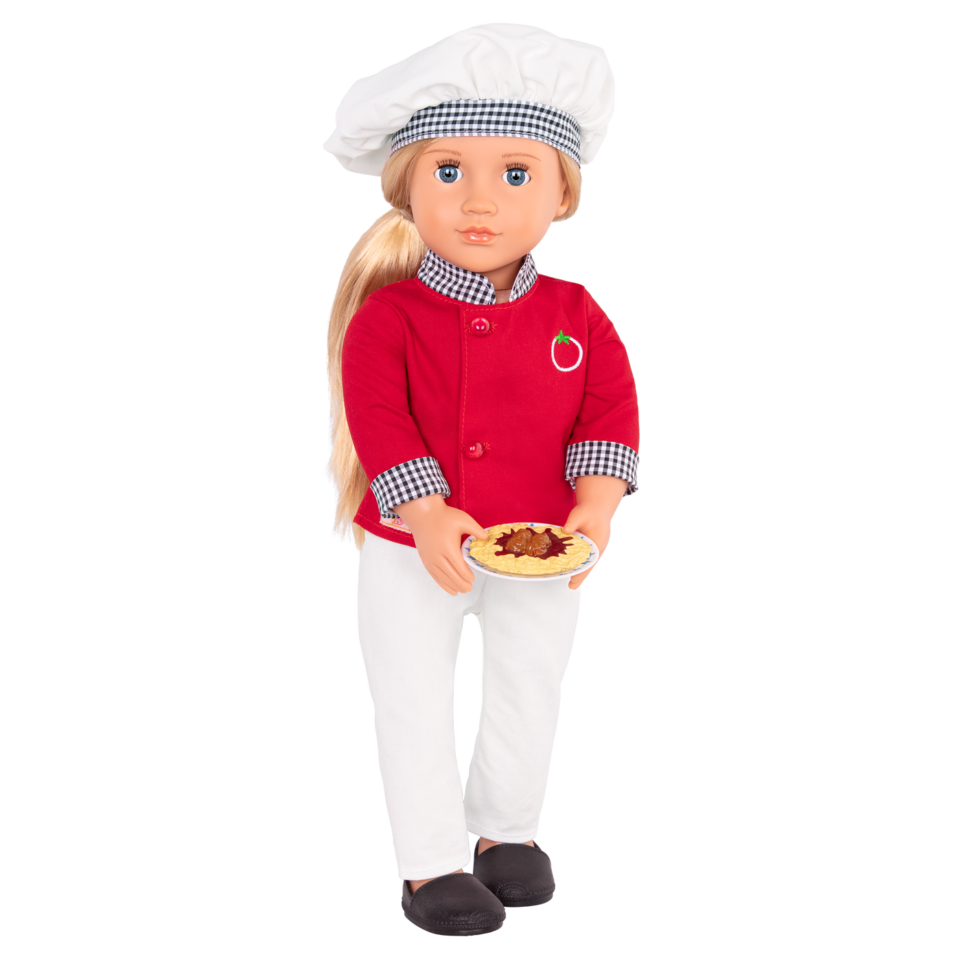 18-inch chef doll with blonde hair, blue eyes and cooking accessories