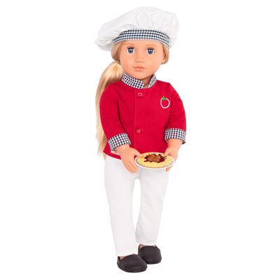 18-inch chef doll with blonde hair, blue eyes and cooking accessories