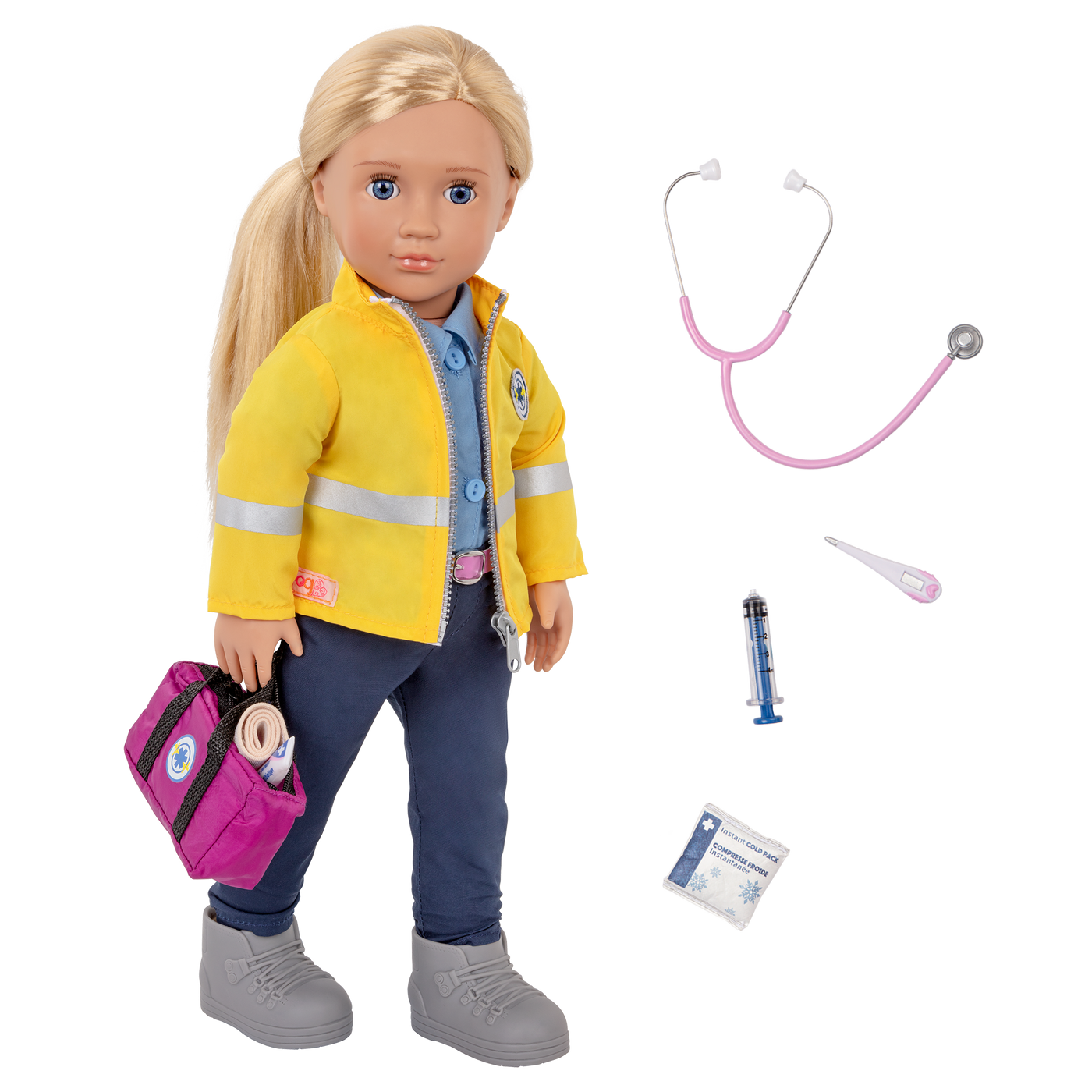 18-inch paramedic doll with blonde hair, blue eyes and medical equipment