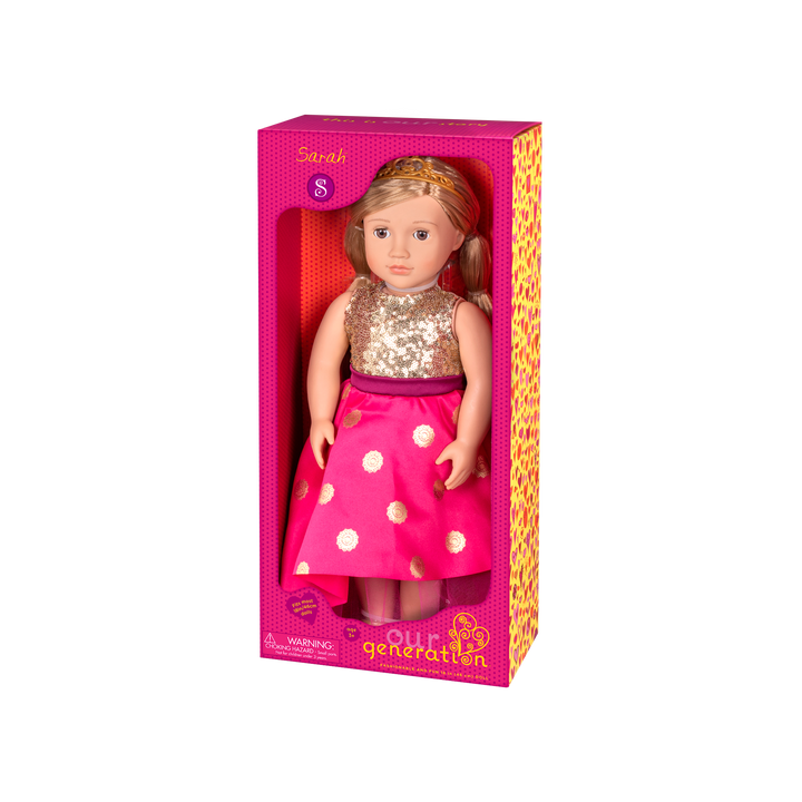 18-inch doll with blonde hair and brown eyes