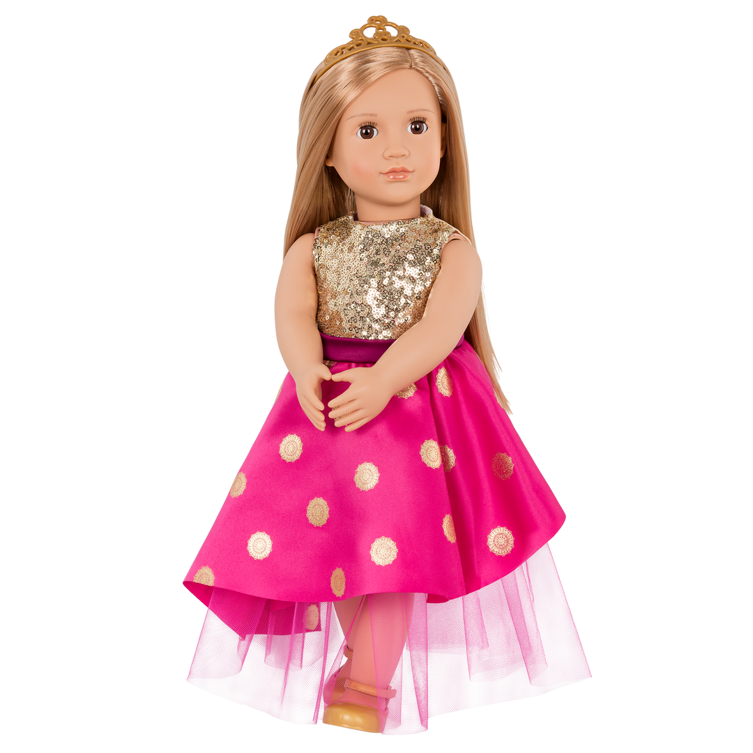 18-inch doll with blonde hair and brown eyes