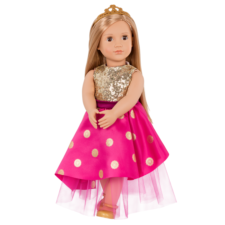 18-inch doll with blonde hair and brown eyes