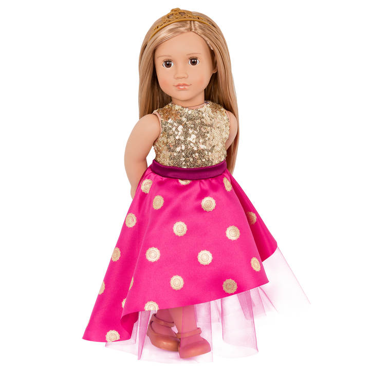 18-inch doll with blonde hair and brown eyes