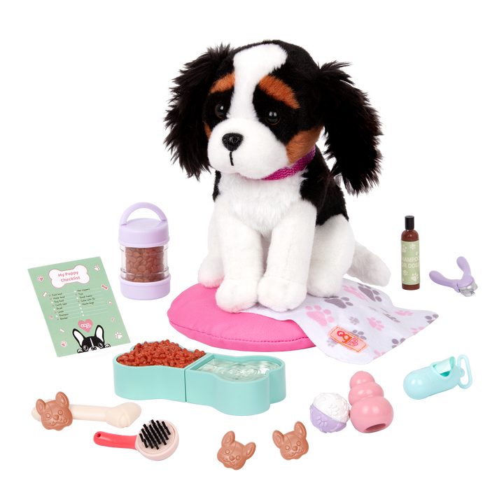 Dog plushie with puppy care playset