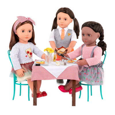 Two 18-inch dolls using pizzeria dining playset