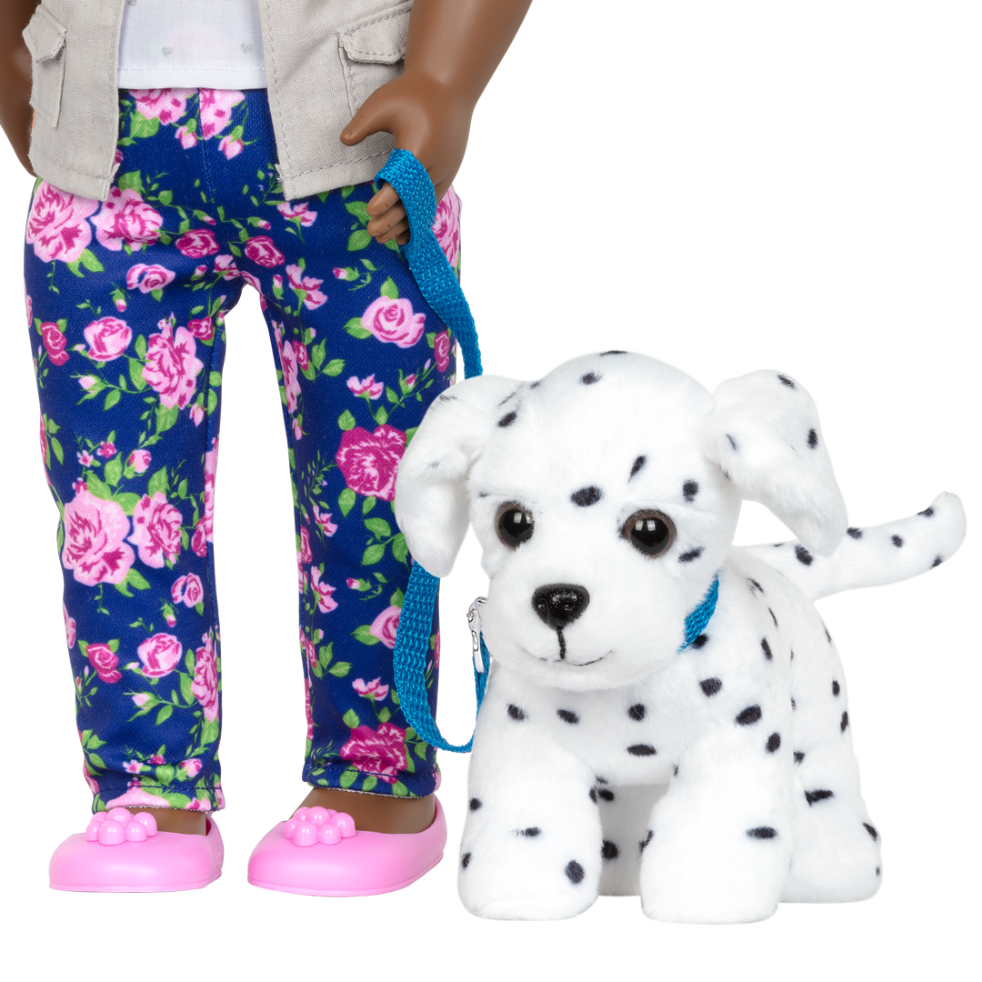 Dalmatian dog plushie in pet carrier