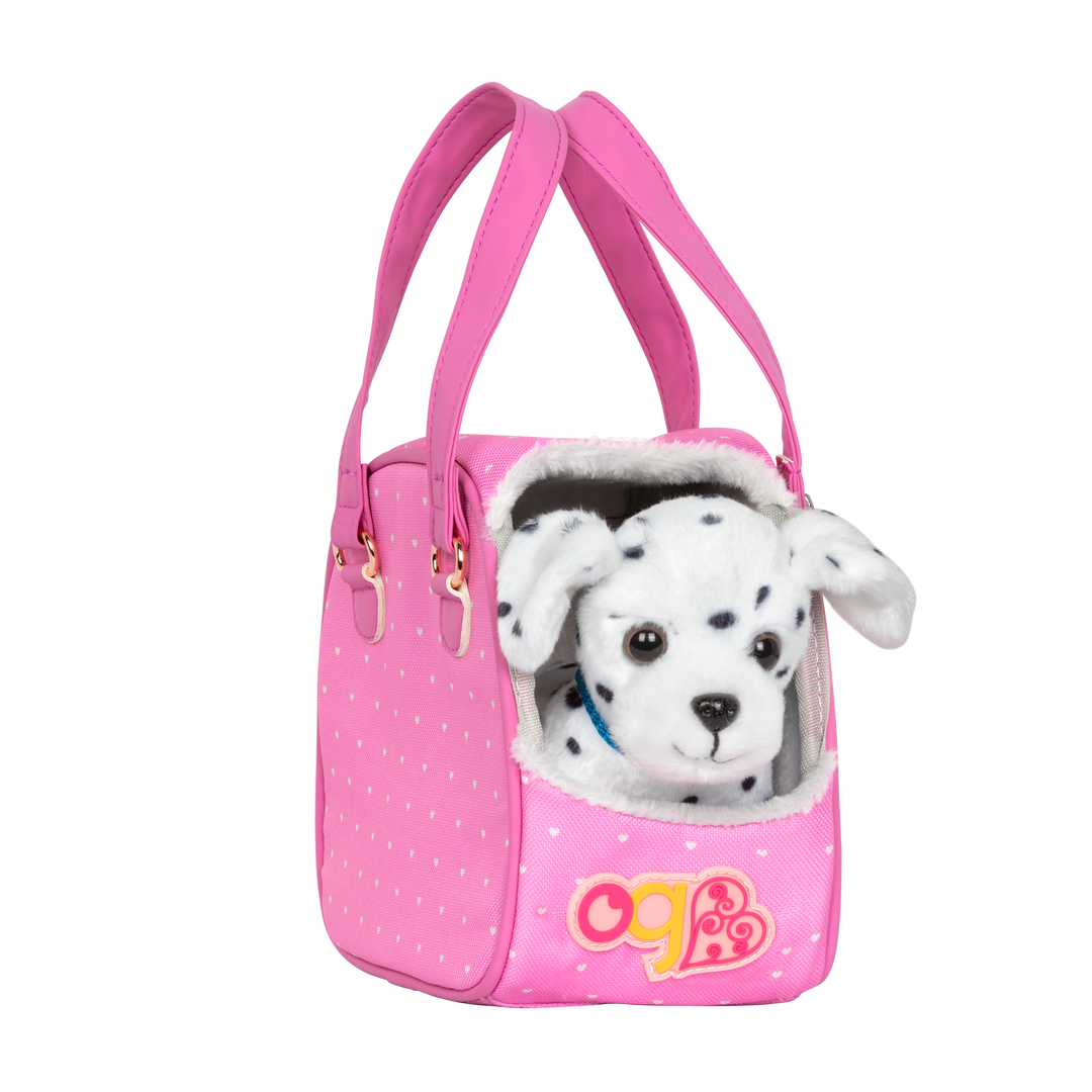 Dalmatian dog plushie in pet carrier