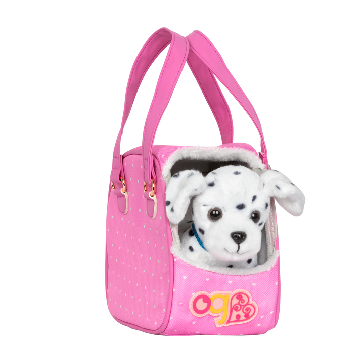 Dalmatian dog plushie in pet carrier