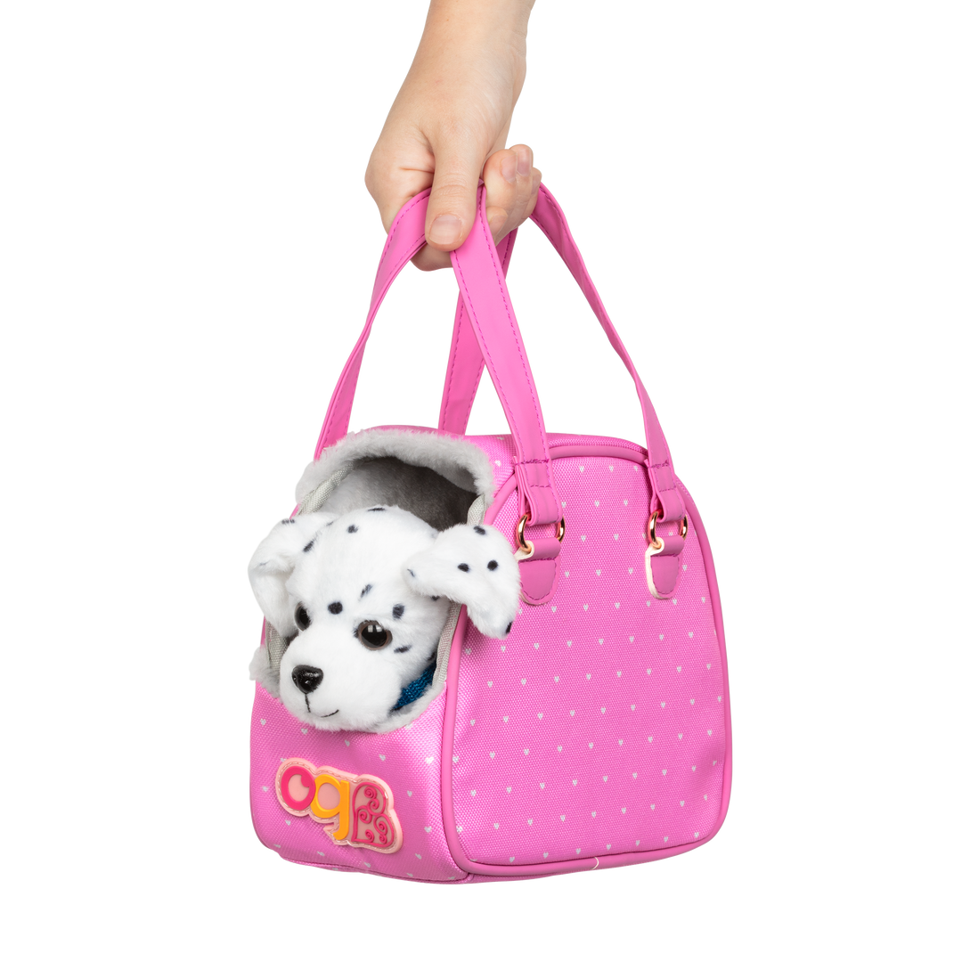 Dalmatian dog plushie in pet carrier