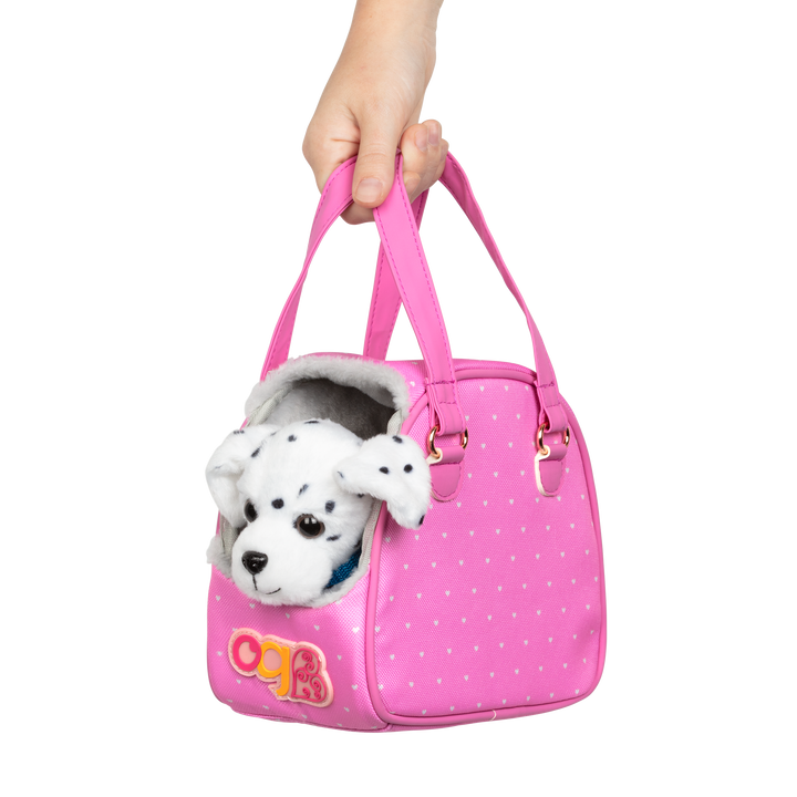 Dalmatian dog plushie in pet carrier