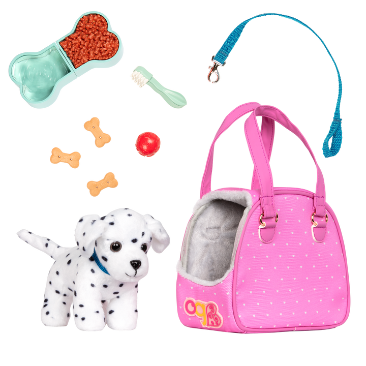 Dalmatian dog plushie in pet carrier