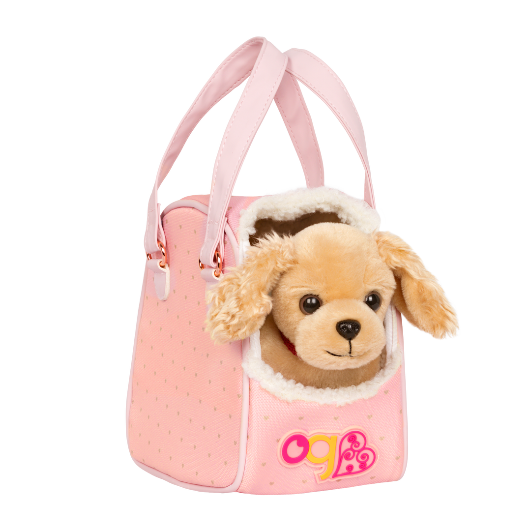 Cocker spaniel dog plushie in pet carrier