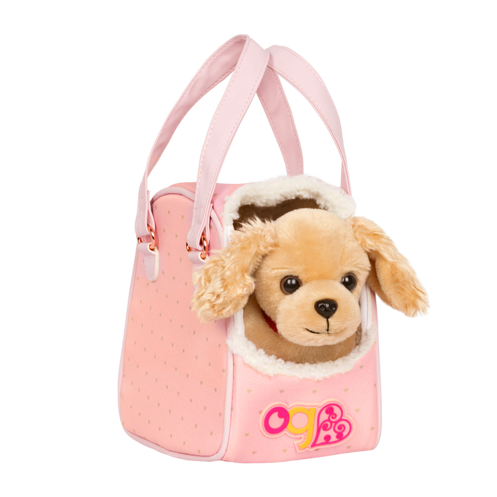 Cocker spaniel dog plushie in pet carrier