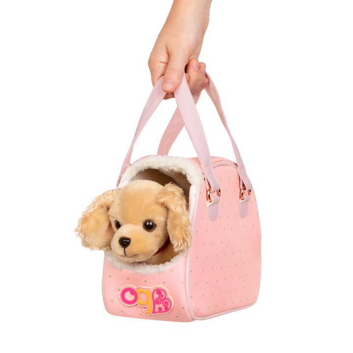 Cocker spaniel dog plushie in pet carrier