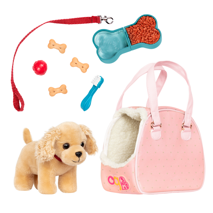 Cocker spaniel dog plushie in pet carrier