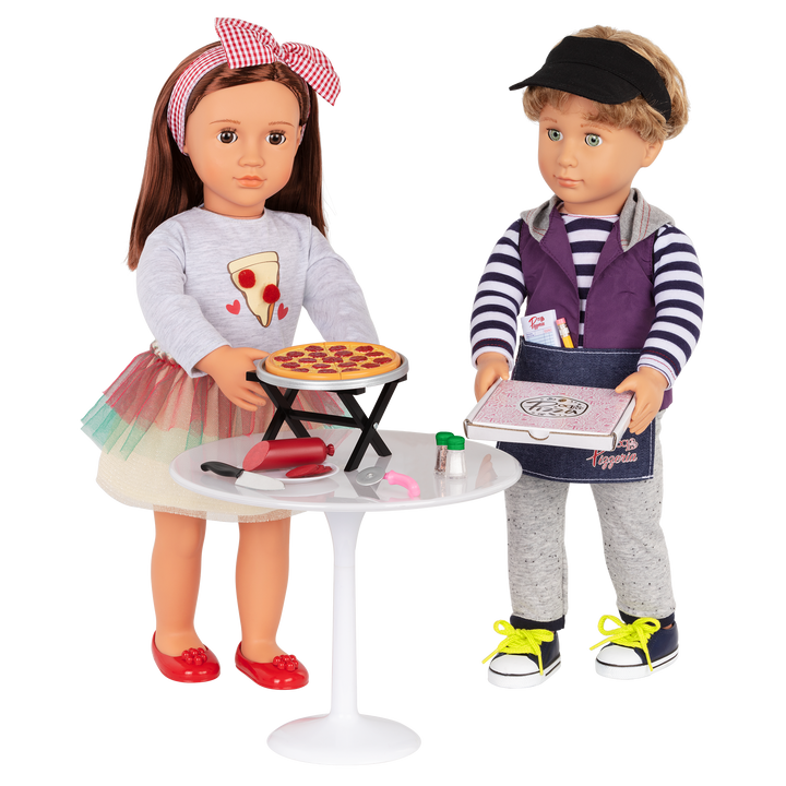 Two 18-inch dolls with pizzeria playset