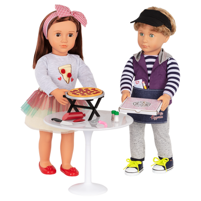 Two 18-inch dolls with pizzeria playset