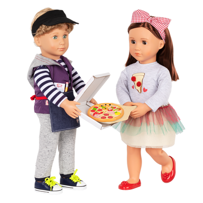 Two 18-inch dolls with pizzeria playset