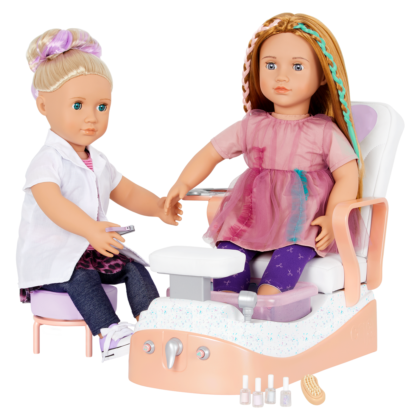 Two 18-inch doll using spa chair playset