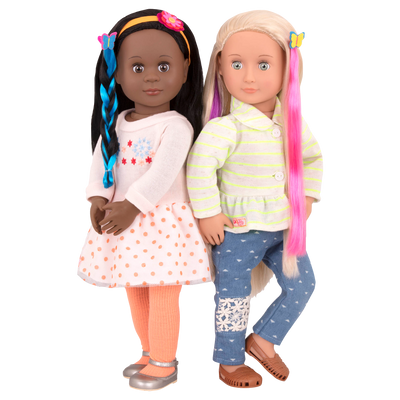 Two 18-inch dolls with colorful hair accessories