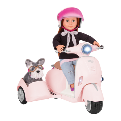 Sabina and Pup riding in Ride Along Scooter with Sidecar