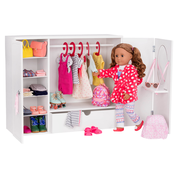 Isa and clothing inside the Wooden Wardrobe Closet for 18-inch Dolls