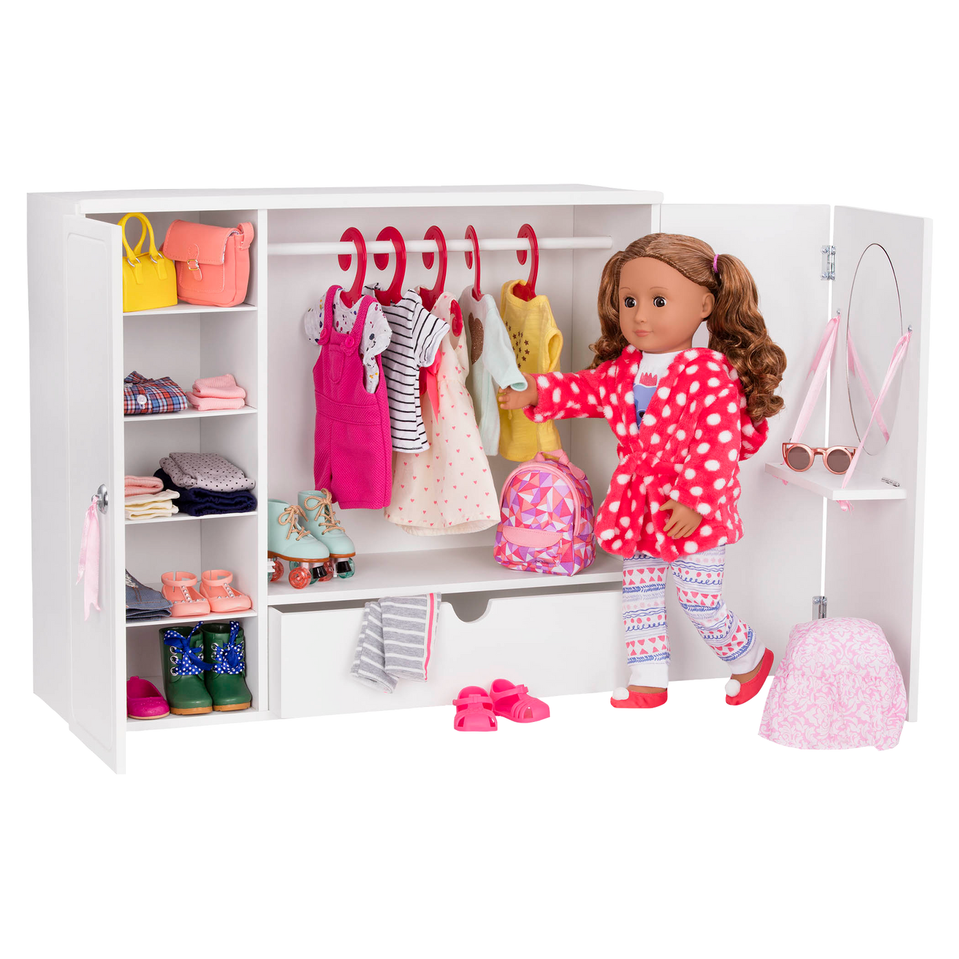 Isa and clothing inside the Wooden Wardrobe Closet for 18-inch Dolls