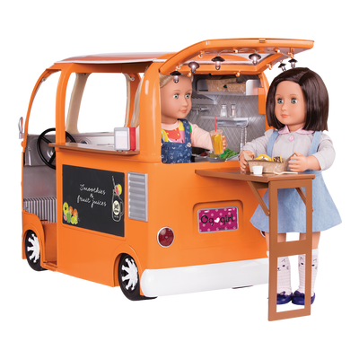 Three 18-inch dolls with toy food truck
