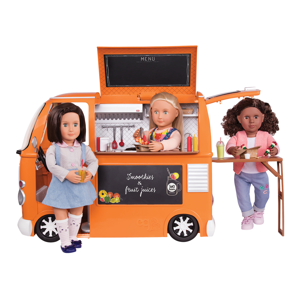 Three 18-inch dolls with toy food truck