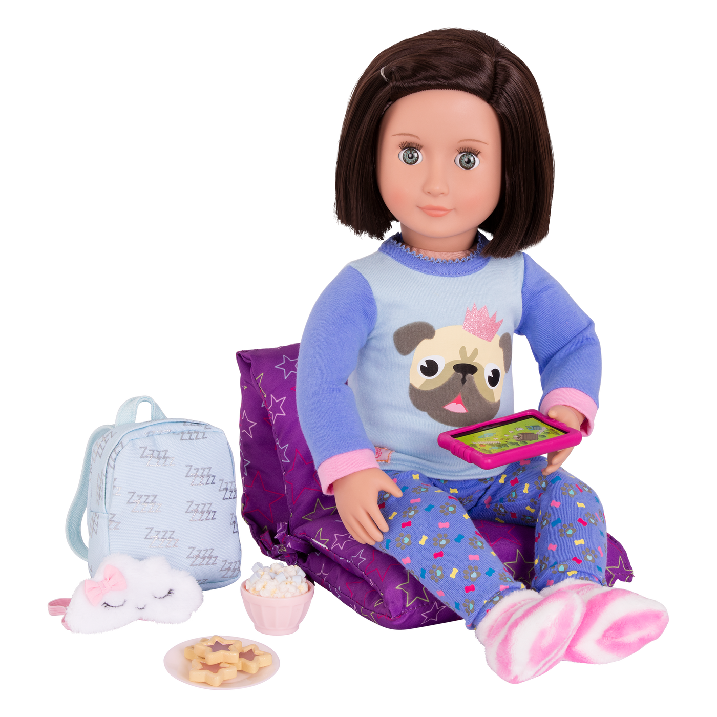 18-inch doll with sleepover playset