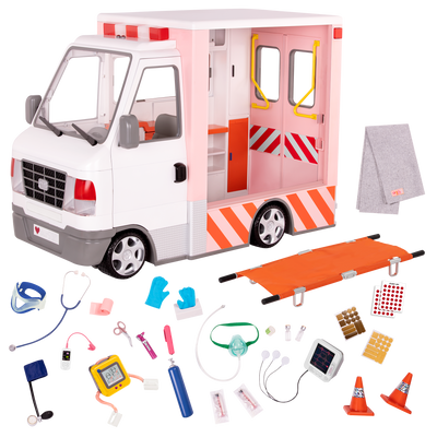 18-inch doll with toy ambulance