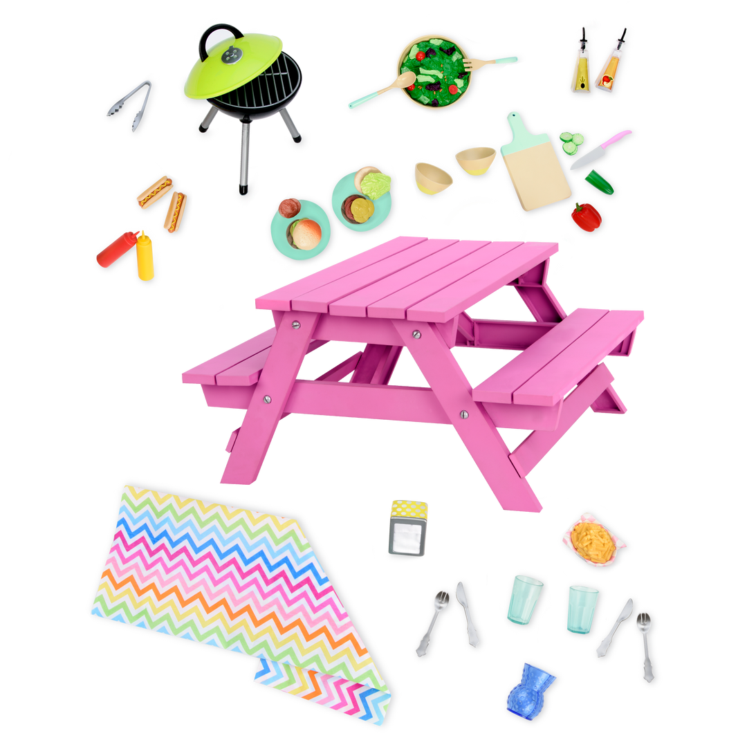 Two 18-inch dolls with picnic table playset