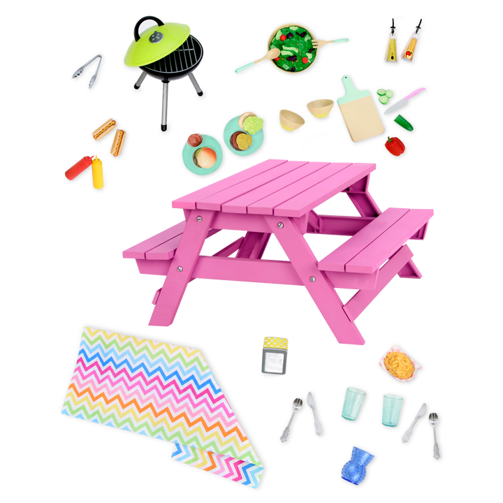 Two 18-inch dolls with picnic table playset