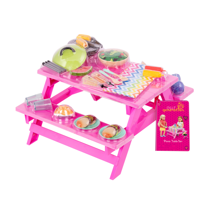 Two 18-inch dolls with picnic table playset