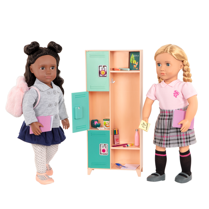 Two 18-inch dolls with school supply playset